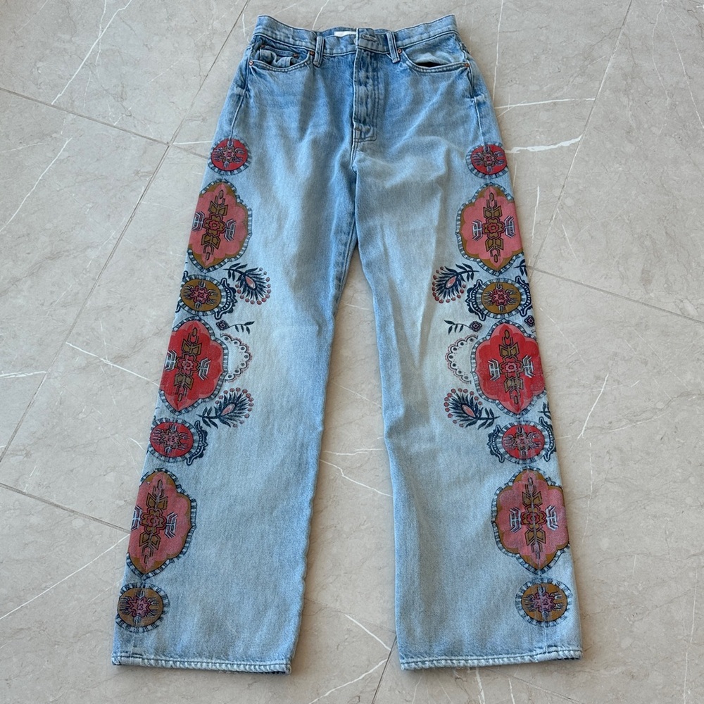 MOTHER Women's Flare Jeans - Light Blue with colorful Embroidery